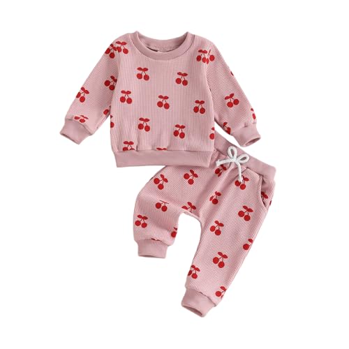 Kaipiclos Baby Girl Clothes Toddler Fall Outfits Sweatshirt Pants Waffled Cherry Outfit Baby Clothes for Girls 6 12 18 24M 3T