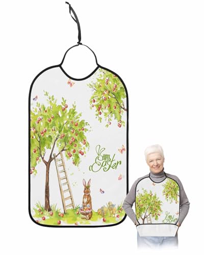 LEOKOTI Spring Easter Adult Bibs for Eating, Waterproof Bibs with Food Catcher & Adjustable Snap Closure, Bunny Green Tree Fruits Watercolor Washable Clothing Protectors Adult Bibs for Elderly