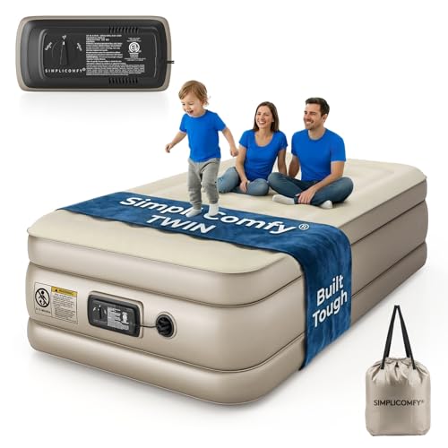 Simpli Comfy 18' Raised Double-High Twin Inflatable Air Mattress with Built-in Electric Pump, Fast Self-Inflating Blow Up Air Bed with Waterproof Top for Home and Travel, Colchón Inflable de 18'
