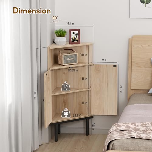 XIAO WEI 39 Inch Boho Corner Cabinet with Rattan Doors, Farmhouse 4-Tier Storage Shelf with Metal Legs, Small Space Organizer for Bathroom, Living Room