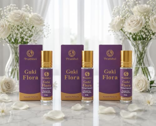 Image of Guki Flora Attar Roll-On Perfume Oil 8 ml x 3 | Alcohol Free | Long Lasting Rich Fragrance | Men & Women | Pocket Size Travel Friendly Roll On | Daily Wear Fragrance - Pack of 3