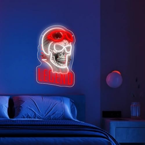 Image of Skull & Helm LED Neon Sign USB Powered for Wall Decor,Rogue Rider Legend Neon Night Light Sign Dimmable for Boys Room Party Decor Halloween Birthday Gifts