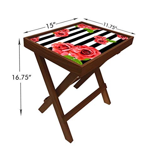 Image of Nutcase Designer Teak Wood Side Table Folding Wooden Bedside Coffee Outdoor Picnic Table - Black Stripes Floral
