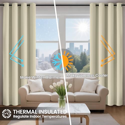 Image of COSVIYA 100% Light Cream Blackout Curtains for Kids Room 52 Inches Length