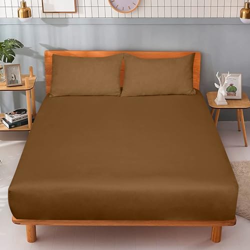 Image of ROYALE LINENS 300 Thread Count 100% Long Staple Combed Cotton Fitted Sheet Twin XL - Super Soft Deep Pocket Bottom Sheet - Fitted Sheets Only - Elastic Sheets (Twin XL, Chocolate)