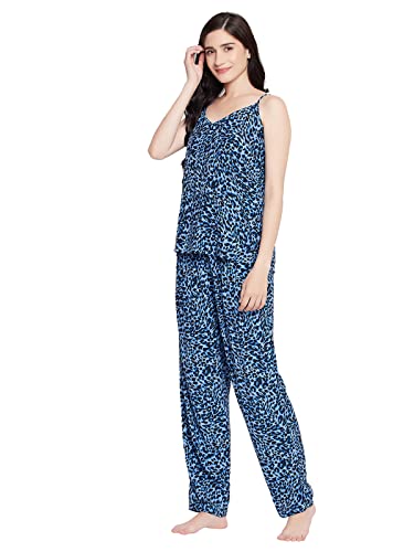 Image of Clovia Women's Cotton Animal Print Cami Top & Pyjama Set in Blue
