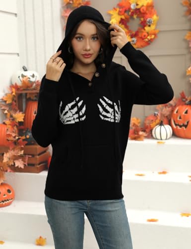 Image of CiCiBird Women Fun Halloween Hoodies Boobs Skeleton Hand Sweater Fall Fashion Pullover with Pockets Black Hand S