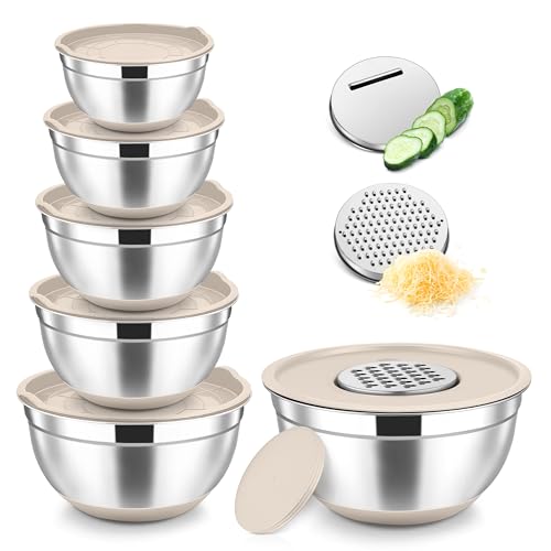 TeamFar Mixing Bowls, 6 PCS Stainless Steel Nesting Salad Bowl with Lids & 3 Graters, For Kitchen Cooking Serving Prepping, Airtight & Non-Slip, Size 4.6/3.5/2/1.5/1/0.7 QT, Khaki