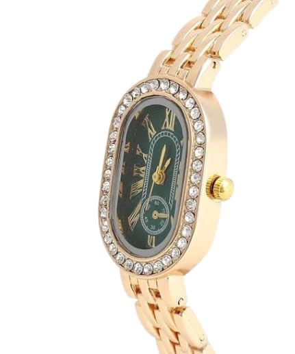 Tiwara Accessrioes Women's Oval Dial Wristwatch, Gold-Tone Metal Bracelet, Green Dial, Crystal Studded Bezel, Roman Numerals-image-26