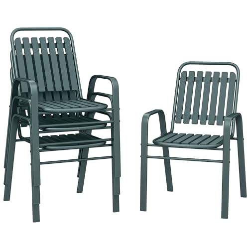 Outsunny Lot de 4 chaises de Jardin chaises empilables d'extérieur avec Haut Dossier et accoudoirs, Cadre en Acier pour Jardin, Piscine, terrasse, Gris