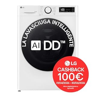 LG AI DD D4R5010TSWS Lavasciuga 10 / 6kg Serie R5 Classe A-10%/D, Lavatrice e Asciugatrice Insieme, 1400 giri, TurboWash360, Steam, Eco Hybrid, Allergy Care, Motore Inverter Direct Drive, Bianca