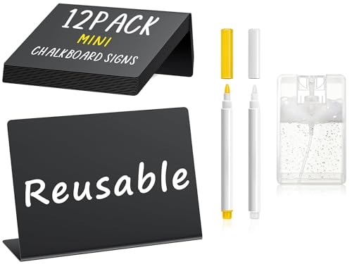 PigPotParty 12 Pcs Food Labels for Party Buffet 4″x3″ Mini Chalkboard Signs | Place Cards for Food Buffet, Party Labels – Name Tags- Taco/Bake Sale/BBQ Food Sign, w/Cleaning Spray & 2 Markers