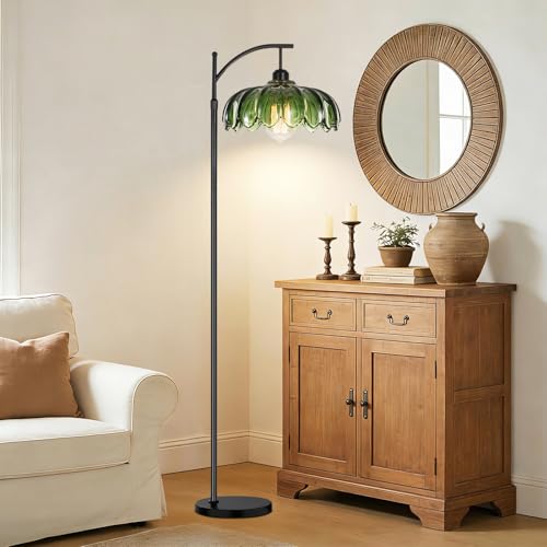 Image of QIYIZM Glass Floor Lamp for Living Room,Bedroom,Gold Dimmable Standing Lamp with Remote,Mid Century Modern Brass Tall Lamp Boho Vintage Retro Floor Lamps Arc Green Flower Floor Light Lamp Bohemian