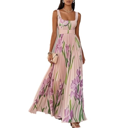Women's Square Neck Floral Dress-Elegant Pleated Maxi Dress with High Waist Sleeveless Design Women Wedding Guest Dress Boho