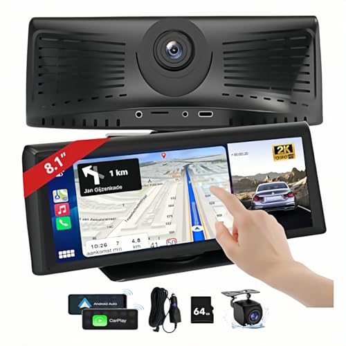 8.1" Wireless Carplay Screen for Car with 2K Dash Cam & 1080P Backup Camera, Portable Touch Screen Car Stereo with Apple Carplay & Android Auto, BT/FM/AUX/GPS Nav/Mirror Link/Voice Control