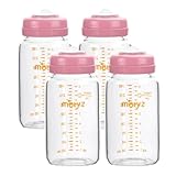 Matyz Glass Breastmilk Storage Containers, 4 Pack, 8 oz Bottle, Fit with Spectra Medela Philips Avent Pump - Wide Mouth Breastmilk Collection and Storage Bottle with Lids - No BPA (Pink Lids)