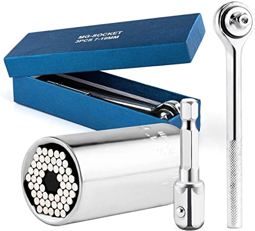 Universal Socket Gifts for Men, Owlbbabies 3Pcs Multi-function Universal Socket Wrench Set with Bushing Ratchet Wrench, Power Drill Adapter(7-19mm), Gadgets Gifts for Men/Dad/Husband/DIY Handyman