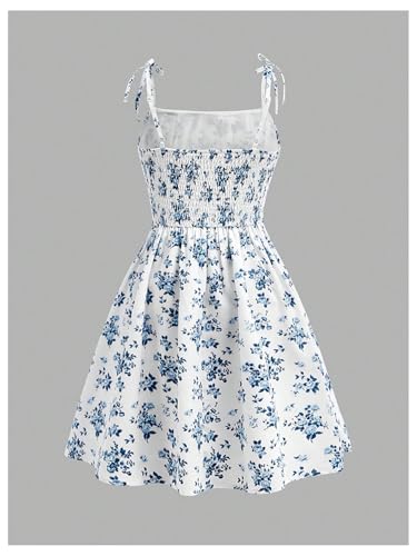 SweatyRocks Girl's Floral Print Ruched A Line Short Dress Tie Shoulder Spaghetti Strap Sundress2