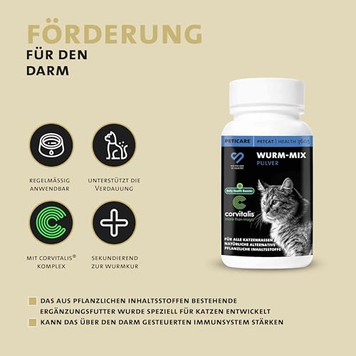 Peticare Wurm-Mix für Katzen | Natürliches Ergänzungsfutter | Pulver zur Unterstützung der Darmgesundheit | Natürliche Rezeptur | Kein Anthelminthikum | Mit innovativem Corvitalis® Komplex