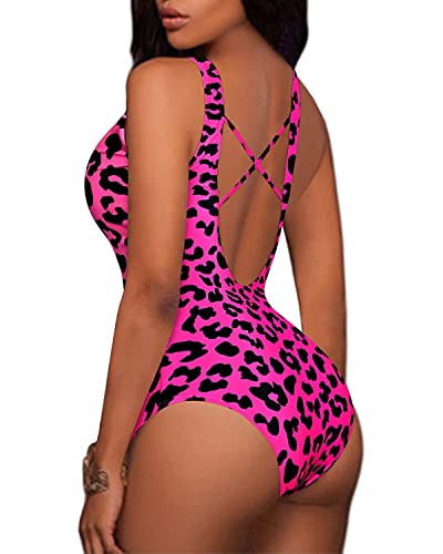 Aqua Eve Women Sexy One Piece Swimsuits Plunge Deep V Neck Cutout Bathing Suits Hot Pink Leopard Large #TOP3