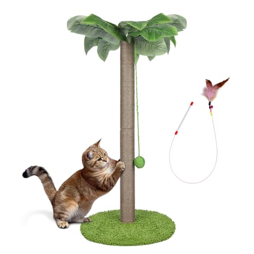 Myiosus Cat Scratching Post, 85cm Tall Cat Scratching Posts for Indoor Cats and Kittens with Hanging Ball, Cat Claw Scratcher Pole Kitty Climbing Tree with Sisal Rope and Soft Plush, Foldable Bottom