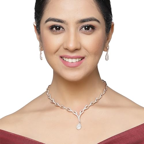 Image of ZENEME Oxidised Silver-Plated Cubic Zirconia Studded Teardrop Shaped Necklace With Earrings Jewellery Set For Girls and Women