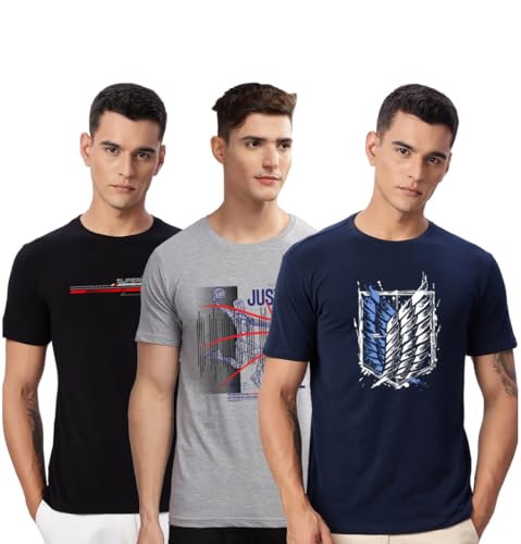 Image of ADRO 100% Cotton Lycra Tshirts for Men Combo Pack of 3 | Regular Fit | Printed T Shirt | Round Neck Half Sleeve| Mens Tshirts