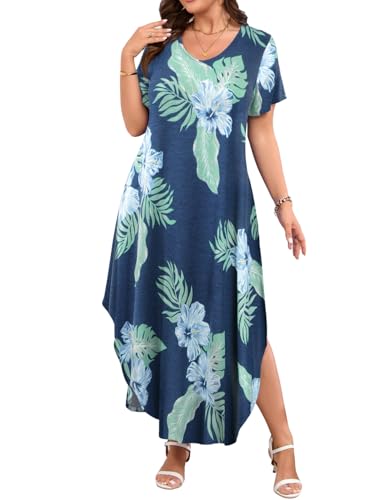 Image of JollieLovin Womens Plus Size Casual Summer Maxi Long Dress Short Sleeve T-Shirt Loose Sun Dress(L-5X)