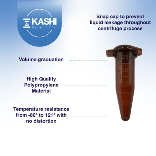 Image of Kashi Scientific 1.5mL Amber Snap-Cap Microcentrifuge Tubes with Graduation, Lab Grade Polypropylene Plastic [1.5mL Amber, 500]