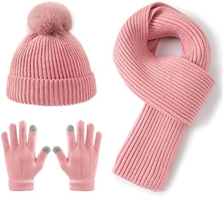 Lallier 3Pcs Kids Hat Scarf and Snow Gloves Set, Winter Knit Warm Soft Pom-Pom Beanie Outdoor for Boys Girls and Toddlers