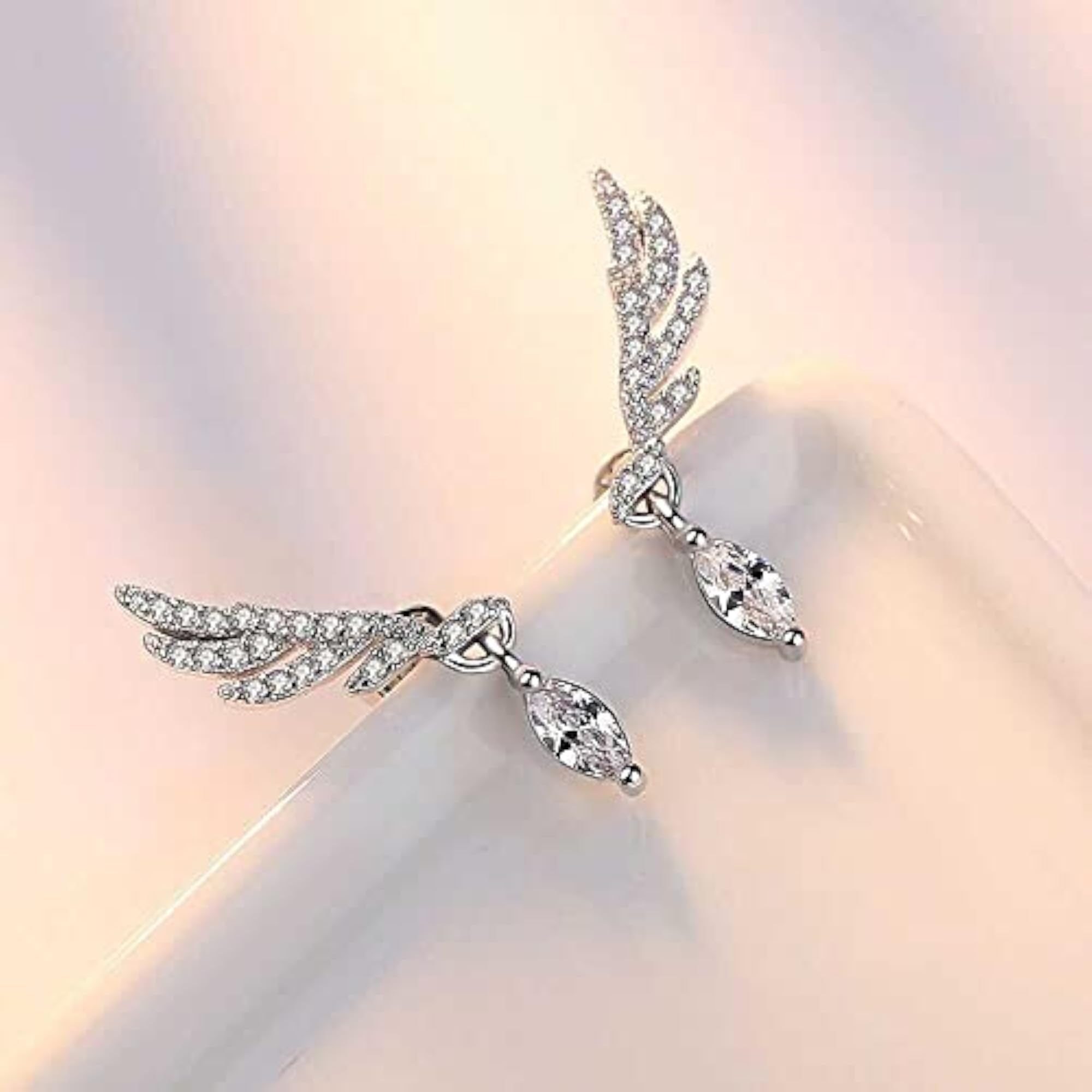 Bling Queen Angel Wing Drop Earrings, Cubic Zirconia, Retro Style