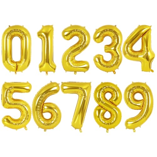 Image of 16 Inch Number 0-9 balloons, Gold Number Foil Balloons, Small Mylar Numbers Balloon Custom Digital Balloons for Birthday Aniversary Baby Shower Party Decorations Supplies