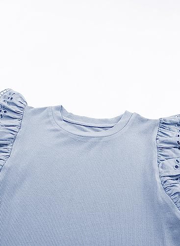 Blibean Girl Summer Tops Tween Girls Ruffle Sleeve Blouse Solid Color Casual Shirts Cute Clothes Preteen Kid Dressy Clothing Size 10-11 Years Old Light Blue #TOP4