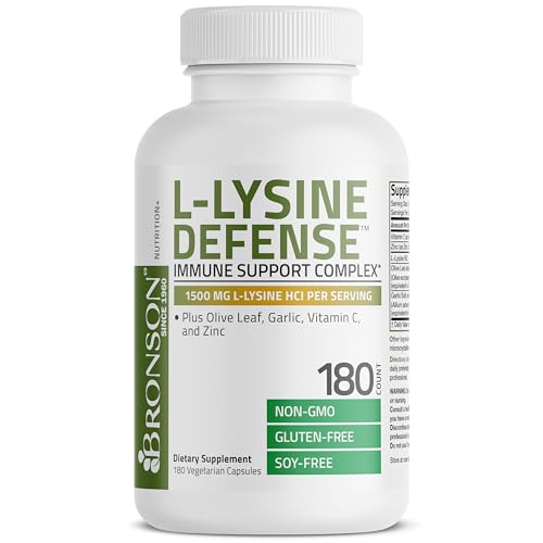 Image of Bronson L-Lysine Defense Immune Support Complex 1500 MG L-Lysine Plus Olive Leaf, Garlic, Vitamin C and Zinc - Non-GMO, 180 Vegetarian Capsules