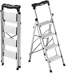 VEVOR 4 Step Ladder, Folding Step Stool with Wide Anti-Slip Pedal and Comfort Handgrip, 330 lbs Capacity Portable Aluminum Stepladder, Multi-Use for Kitchen, Home, Warehouse and Office, Silver