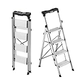 VEVOR Escabeau Pliant 4 Marches Marchepied Pliable Charge 150 kg Échelle Domestique Alliage d'Aluminium pour Travaux Ménagers, Bricolage, avec Larges Marches Antidérapantes, Plateau à Outils, Argenté