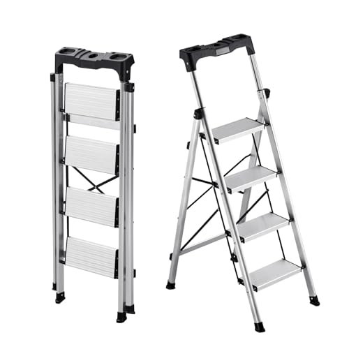 VEVOR Escabeau Pliant 4 Marches Marchepied Pliable Charge 150 kg Échelle Domestique Alliage d'Aluminium pour Travaux Ménagers, Bricolage, avec Larges Marches Antidérapantes, Plateau à Outils, Argenté