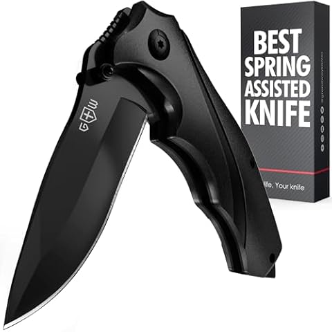 Grand Way Tactical Knife for Men - Black Pocket Knife - Best Spring Assisted Knife with Glass Breaker and Pocket Clip - Cool Folding Knives for Military Work Camping - Birthday Gifts for Dad 6495 B Cover