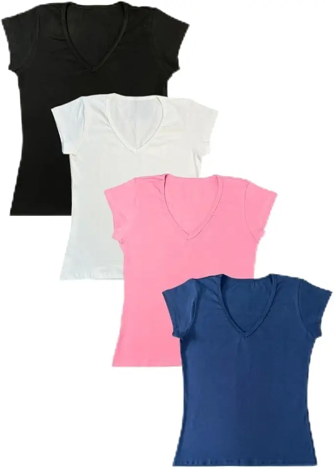 Camiseta Feminina cotton 96% algodão, Gola V, kit 4 blusas, Preto, Rosa, Branco, Vermelho