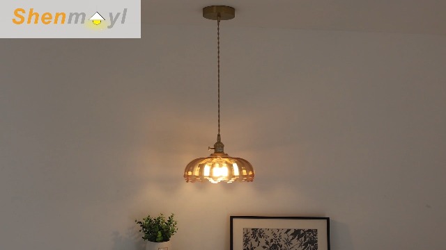 Image of Shenmoyl Pendant Light with Amber Scindapsus Glass Lmapshade, Brass Vintage Pendant Light Adjustable Hanging Light for Kitchen Island Dining Room Hallway