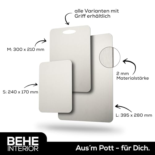 BEHE Schneidebrett Edelstahl - Made in Germany, Hygienisches Schneidebrett, cutting board, Rutschfest für die Küche, Lebensmittelecht, Antibakteriell & BPA Frei (1er Set 300x210 mit Griff)