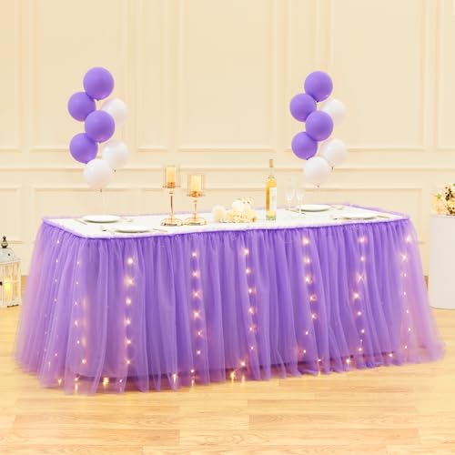 14FT Tulle Table Skirt for Rectangle Tables 2-Layer Ruffle Tulle Tutu Cloth Desk Table Skirt with LED Lights for Birthday Party Baby Shower Wedding Banquet Cake Dessert Decorations by Shillance - Image 9