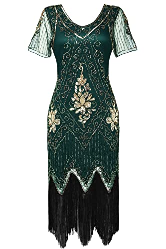 BABEYOND 1920s Art Deco Fringed Sequin Dress Roaring 20s Flapper Fancy Dress Dark Green - Thumbnail 5