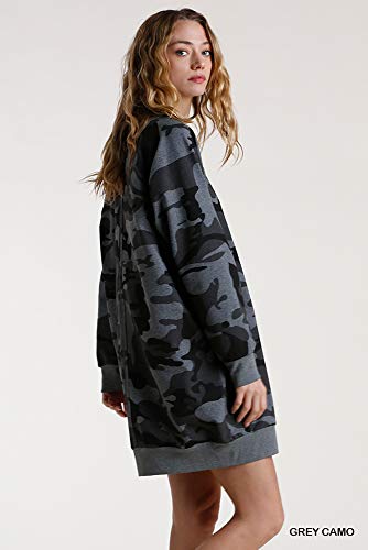Umgee Women's Camo French Terry Raw Edged Dress (X-Large, Grey Camo) #TOP3