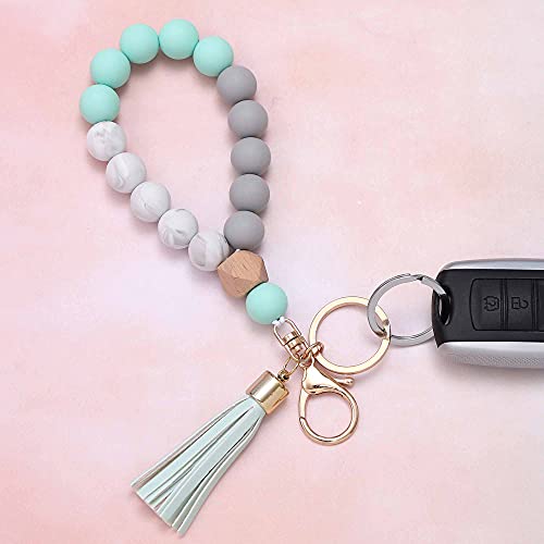Image of BAOSIWA Silicone Key Ring Bracelet Wristlet Keychain Unique Beaded Bangle Key Chains for Women with Leather Tassel
