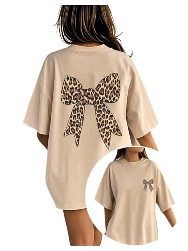 RoseSeek Girl's Bow Leopard Graphic Tees Short Sleeve Preppy Summer T Shirt Aesthetic Baggy Tops Apricot 10Y