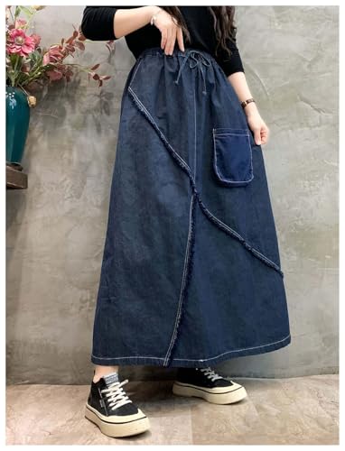MLAFE Womens Denim A-Line Long Midi Skirt One Size Elastic Waist Spliced Denim Bustier Skirt Lace-Up Loose Casual Denim Skirt2