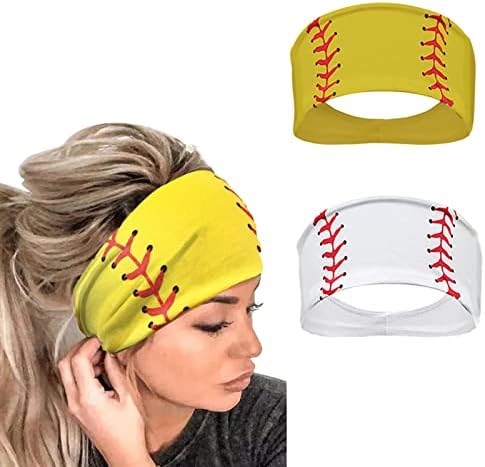 Tupilamc Softball Headband, Women Fashion Ball Print Elastic Headband,Head Wrap Hair Band Bandana Headband, Softball All Yellow & Softball All White (2PCS)