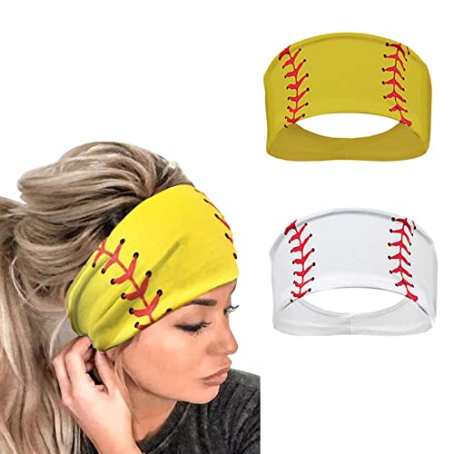 Tupilamc Softball Headband, Women Fashion Ball Print Elastic Headband,Head Wrap Hair Band Bandana Headband, Softball All Yellow & Softball All White (2Pcs) #TOP3