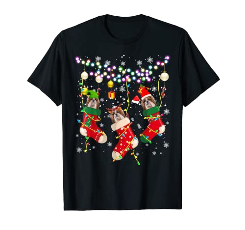 Santa ELF Reno Shih Tzu En Navidad Calcetines Luces Perro Camiseta